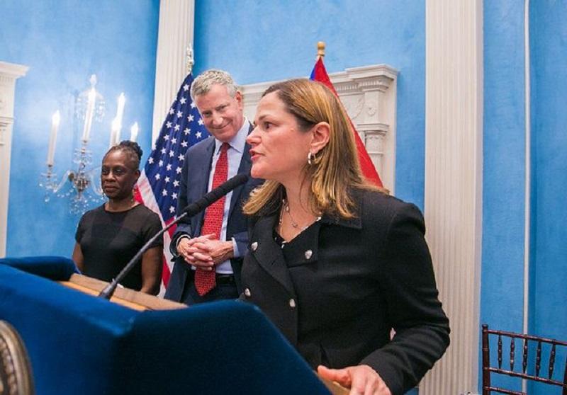 Mayor de Blasio Looks on as Speaker Melissa Mark-Viverito Addresses the Crowd During Puerto Rican Heritage Event at Gracie Mansion.