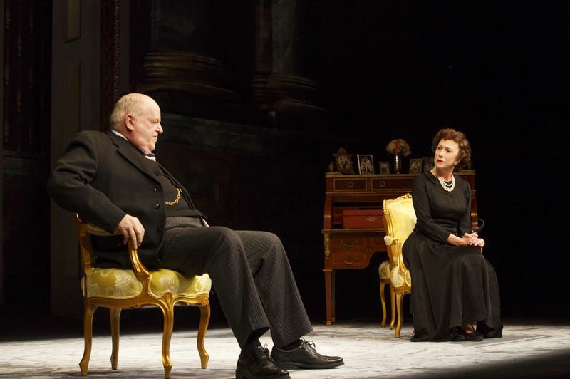 Dakin Matthews as Winston Churchill and Helen Mirren as Queen Elizabeth II in 'The Audience' on Broadway at the Gerald Schoenfeld Theatre.