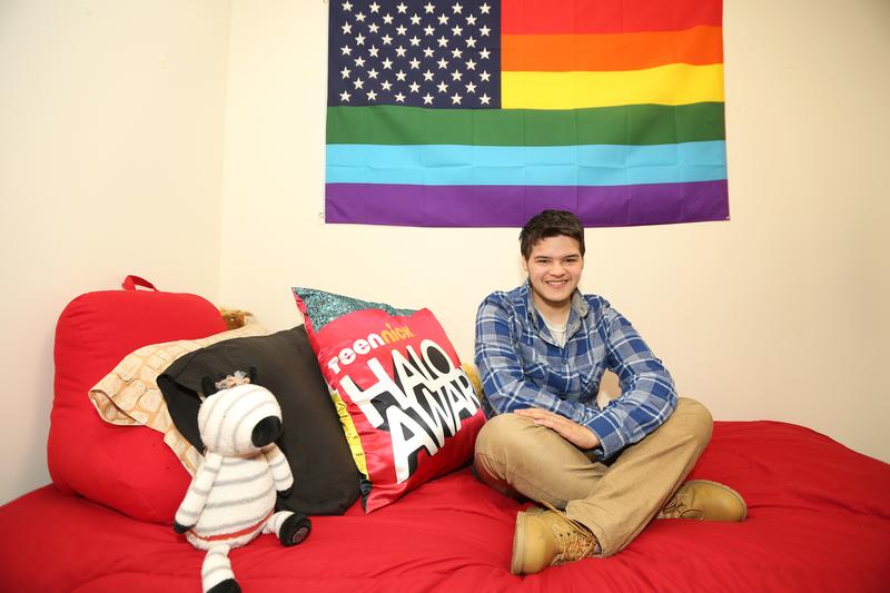 Zach Kerr in his Wheelock College dorm room, on Thursday, Feb. 13, 2014. Zach was born a girl named Amanda.