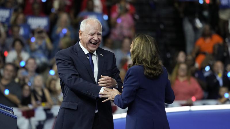 Democratic presidential nominee Vice President Kamala Harris accompanied by her running mate Minnesota Gov. Tim Walz during a campaign event in Philadelphia, Tuesday, Aug. 6, 2024.