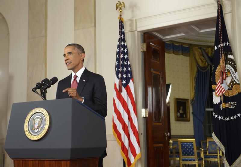 U.S. President Barack Obama delivers a prime time address from the Cross Hall of the White House on September 10, 2014 in Washington, DC.