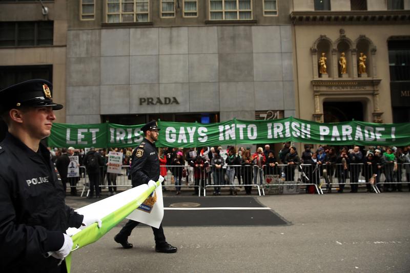 Irish gay rights activists and supporters protest against the exclusion of Irish gay groups from marching in the St. Patrick's Day Parade as it makes its way up 5th Avenue on March 17, 2015 in NYC.