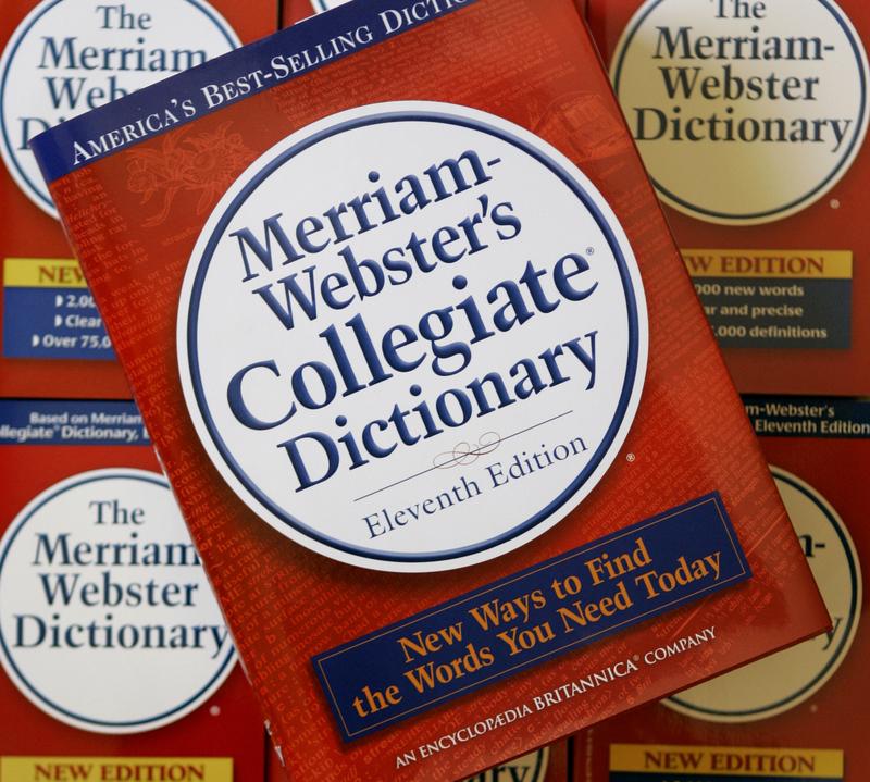 The eleventh edition of Merriam-Webster's Collegiate Dictionary is seen stacked on other dictionaries at the company's headquarters in Springfield, Mass., Tuesday, July 3, 2007.