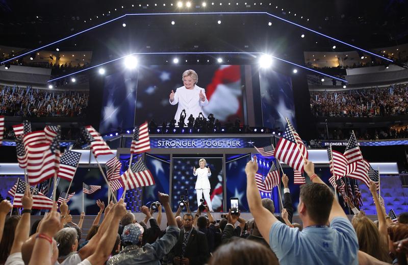 Democratic presidential nominee Hillary Clinton gives her thumbs up as she appears on stage during the final day of the Democratic National Convention in Philadelphia, Thursday, July 28, 2016