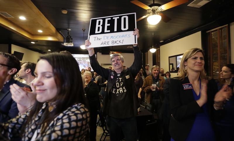Supporters of senate hopeful Beto O'Rourke cheer during a Democratic watch party following the Texas primary election, Tuesday, March 6, 2018, in Austin, Texas.