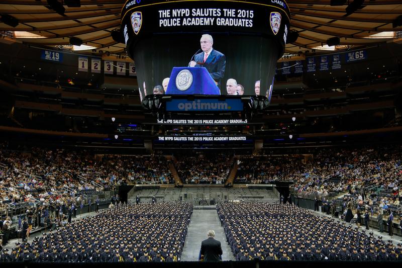 NYPD Police Commissioner Bill Bratton addresses 822 new police officers at cadet graduation in July 2015.