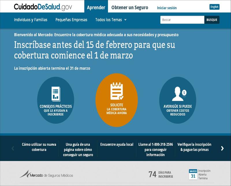 Screenshot of Spanish-language Affordable Care Act marketplace website.
