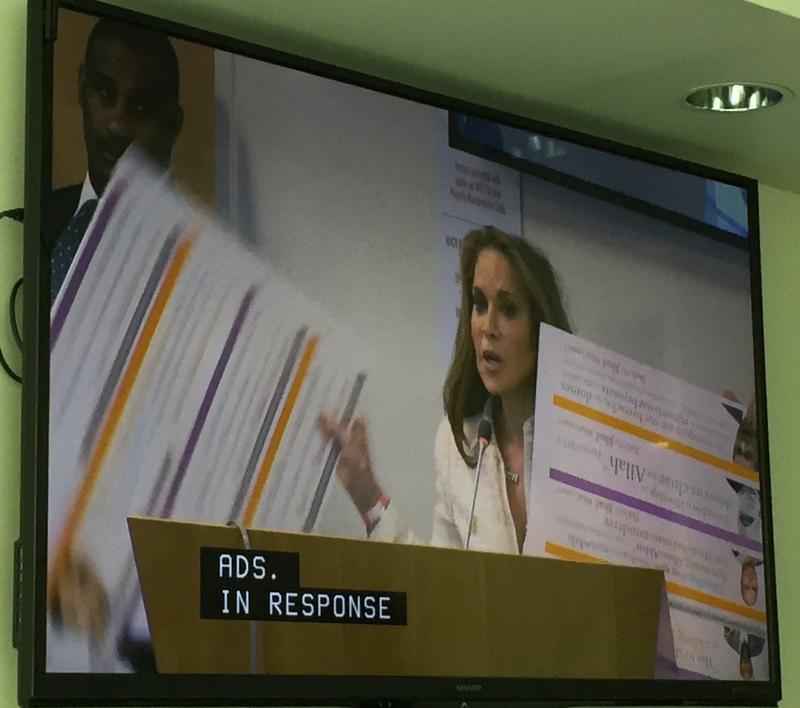 Pamela Geller, holding up her ads at the MTA's April board meeting