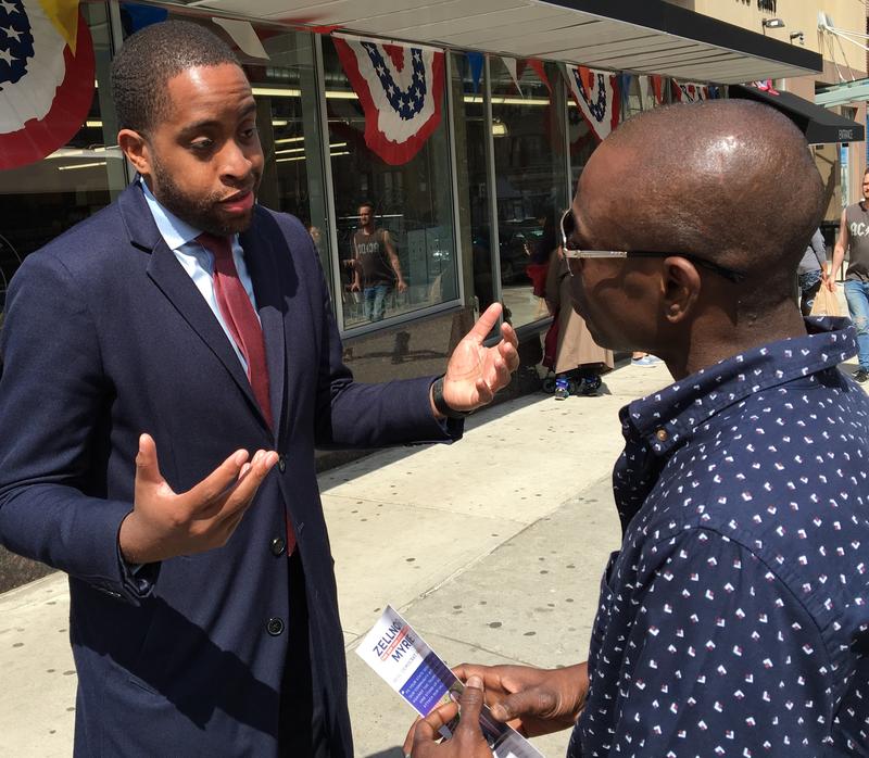 Democratic Challenger Zellnor Myrie campaigns for State Senate, outside Prospect Park subway stop. 