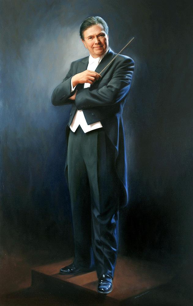 Portrait painting of Gerard Schwarz painted by artist Michele Rushworth, oil on canvas, 80" x 50", Benaroya Hall, Seattle.