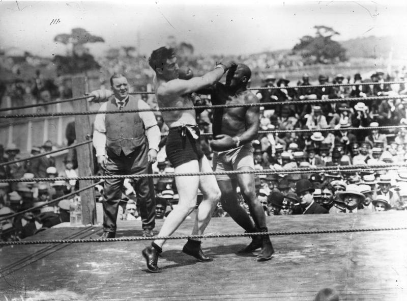 Jack Johnson, right, of the USA, world heavyweight title holder since 1908, in action against Jess Willard of the USA at Havana, Cuba in 1915. 