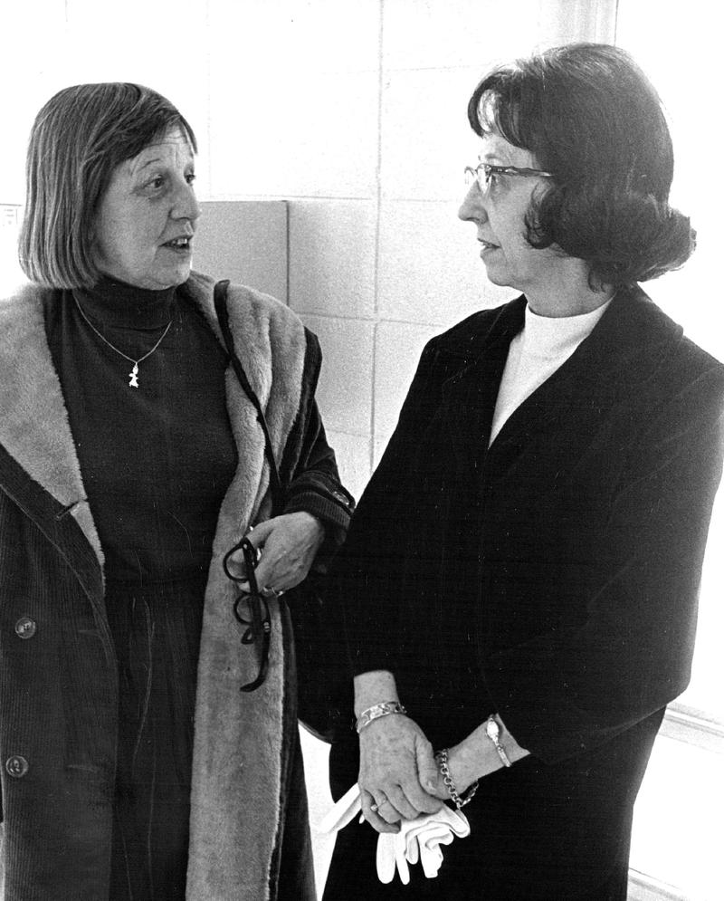 Visiting authors are a study in contrasts; Marguerite Young, left, and Evelyn Lincoln are as different as their books, October 21, 1965.
