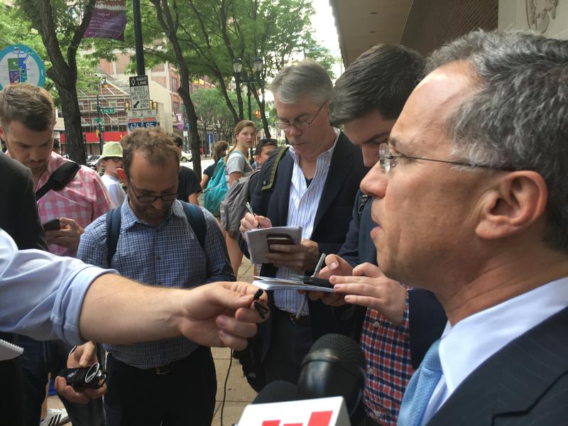 US Attorney for New Jersey Paul Fishman speaks to reporters outside federal court in Philadelphia after Monday's hearing on the Bridgegate co-conspirators. 
