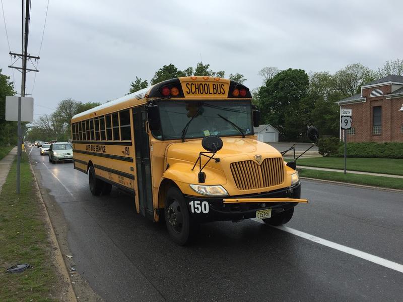 A school bus sits in traffic on Route 9, Lakewood, NJ's main thoroughfare.