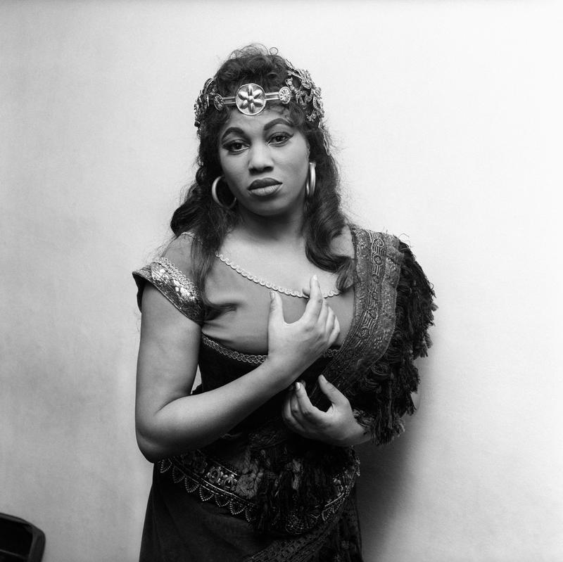 Soprano Leontyne Price posing with costume during the rehearsal of Verdi's 'Aida' at the Scala Theatre of Milan in April 1963. 