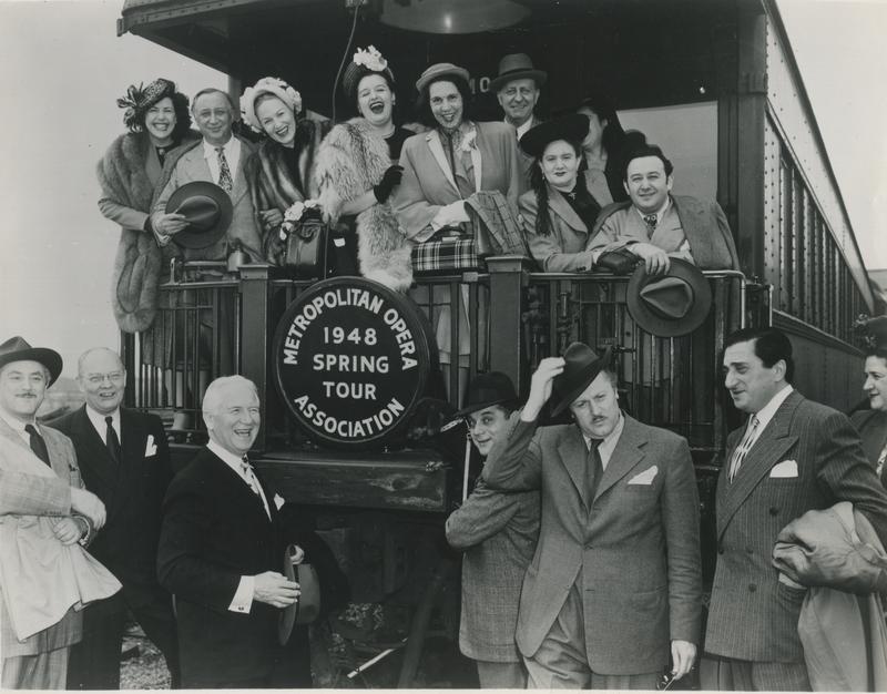 Metropolitan Opera company members board a train during the 1948 tour.