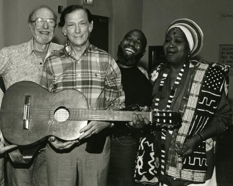 Oscar Brand with Pete Seeger, Josh White Jr., and Odetta for Oscar's 50th anniversary in 1995.