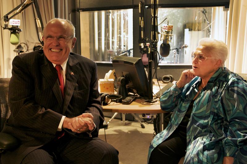 Former New York City Mayor Rudolph Giuliani and mezzo Marilyn Horne share a laugh in the studio following their interview.