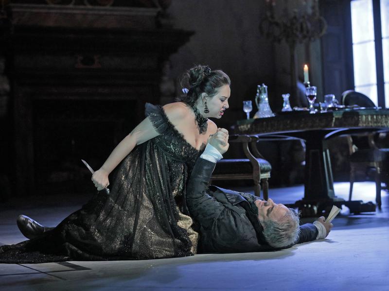 Sonya Yoncheva as Tosca and Željko Lučić as Scarpia in an Act II rehearsal for David McVicar's new production of 'Tosca.'