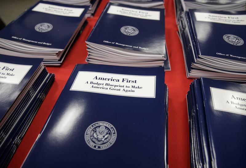 Copies of President Donald Trump's first budget are displayed at the Government Printing Office in Washington Thursday.