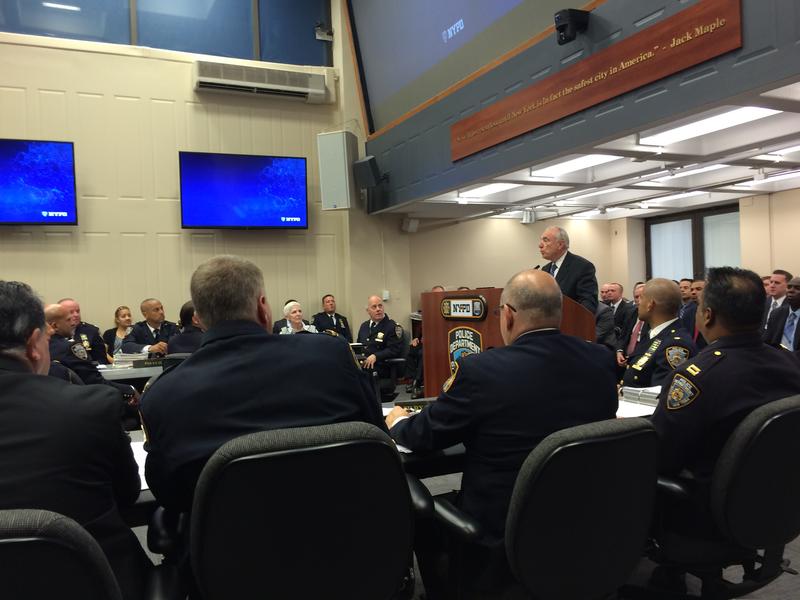 NYPD Commissioner William Bratton addresses top officers at the final weekly CompStat meeting before he retires from the department. 