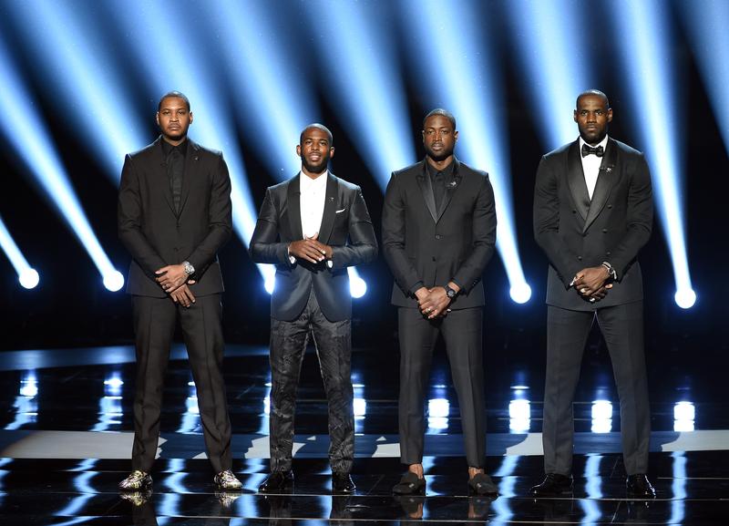 NBA players Carmelo Anthony, Chris Paul, Dwyane Wade and LeBron James speak onstage during the 2016 ESPYS.