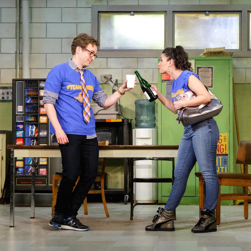 (from left) Ryan Spahn and Christina Nieves in the Primary Stages production of Exit Strategy by Ike Holter, directed by Kip Fagan, at Primary Stages at the Cherry Lane Theatre.