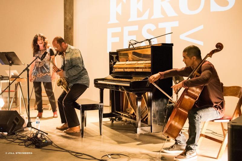 Composer-vocalist Agata Zubel, saxophonist Hafez Modirzadeh and cellist Jeffrey Zeigler at Pioneer Works for 2015 Ferus Festival