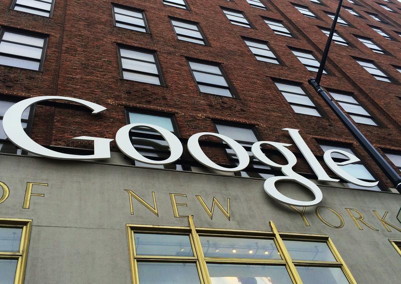 A Google sign hangs on their headquarters May 21, 2014 in New York City.