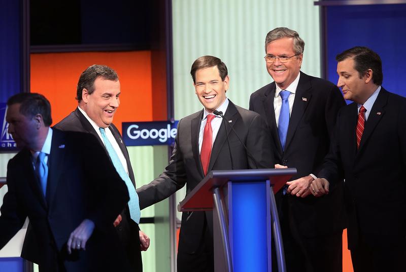 Republican presidential candidates (L-R) NJ Governor Chris Christie, Sen. Marco Rubio (R-FL), Jeb Bush and Sen. Ted Cruz (R-TX) after the Fox News - Google Debate January 28, 2016 in Des Moines, Iowa.
