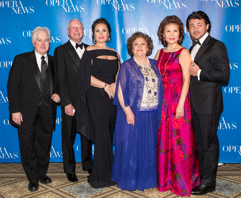 Opera News Editor in Chief F. Paul Driscoll with honorees William Christie, Sonya Yoncheva, Fiorenza Cossotto, Hei-Kyung Hong and Vittorio Grigolo at the 13th Annual Opera News Awards.