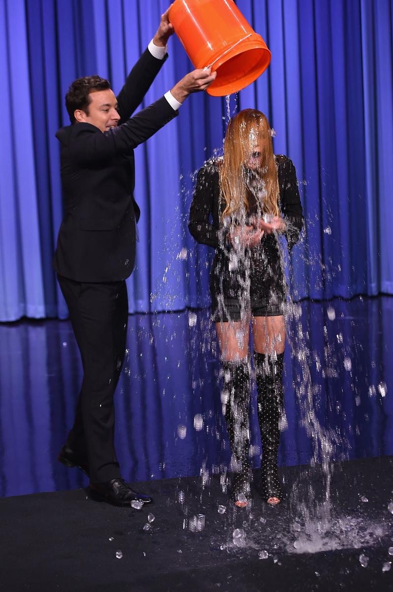 Lindsay Lohan does the Ice Bucket Challenge on 'The Tonight Show Starring Jimmy Fallon' at Rockefeller Center on August 20, 2014 in New York City.