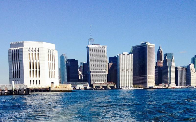The view of Manhattan from the middle of New York Harbor. The city's total area is about one-third water. Its coastline stretches for 520 miles.