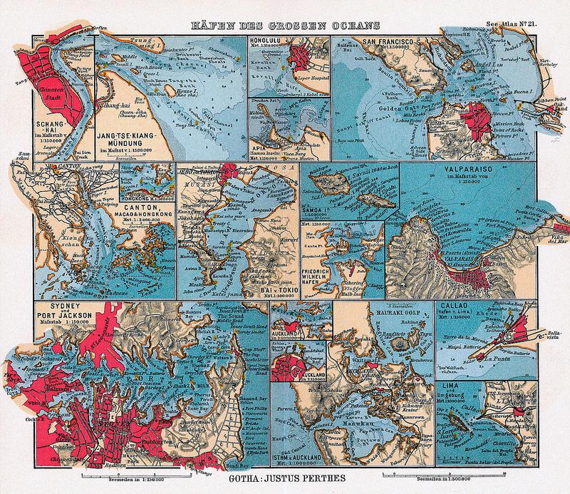 Häfen des Grossen Oceans (German map of seaports in the Pacific Ocean)
