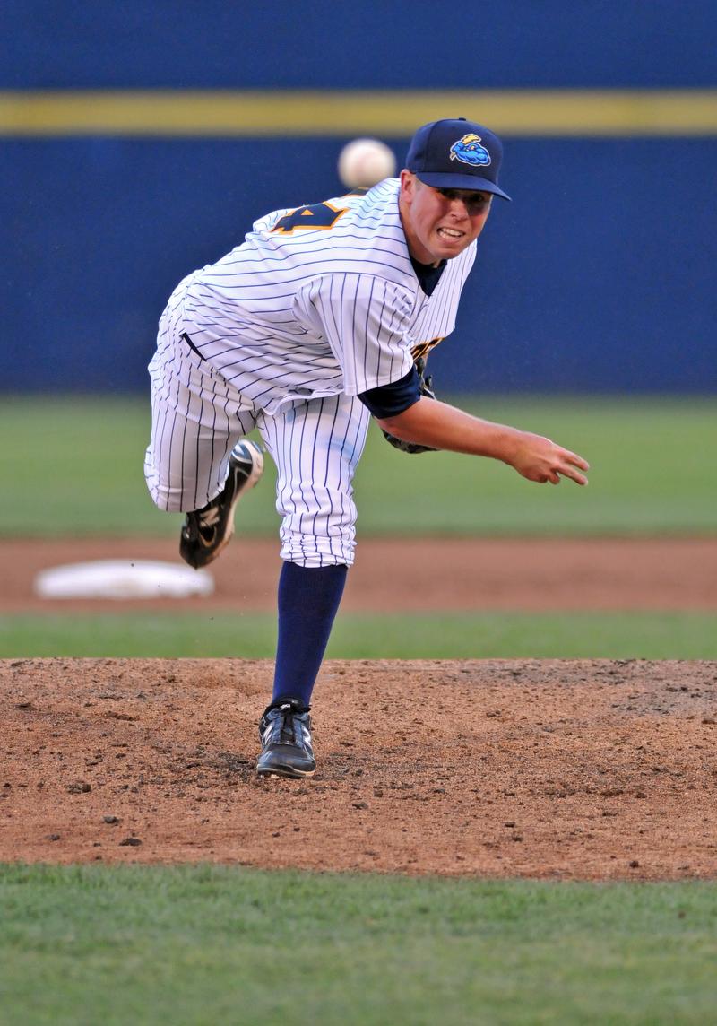 Trenton starting pitcher Mikey O'Brien delivers a pitch during the Eastern League baseball game against the Akron Aeros May 23, 2012 in Trenton, NJ. 