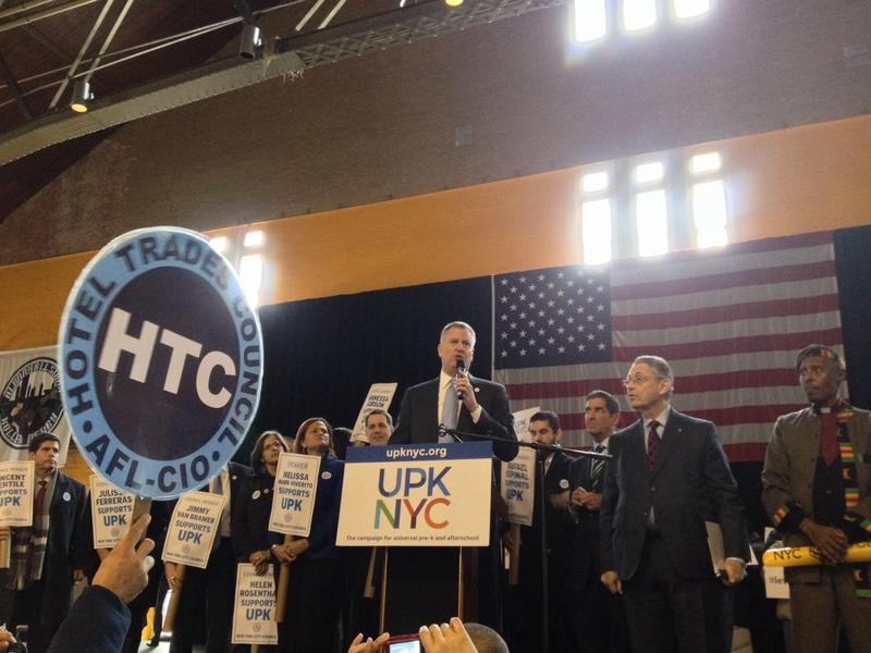 Mayor de Blasio rallies with parents and union members in Albany to support his universal pre-kindergarten and after school tax plan.