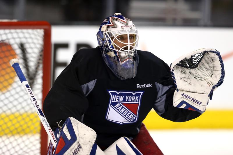 Henrik Lundqvist #30 of the New York Rangers tends goal during a practice session ahead of the 2014 NHL Stanley Cup Final at Staples Center on June 3, 2014 in Los Angeles, California.