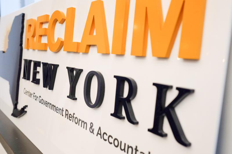 A sign in the Manhattan offices of Reclaim New York, a nonprofit funded by the family of conservative Long Island billionaire Robert Mercer.