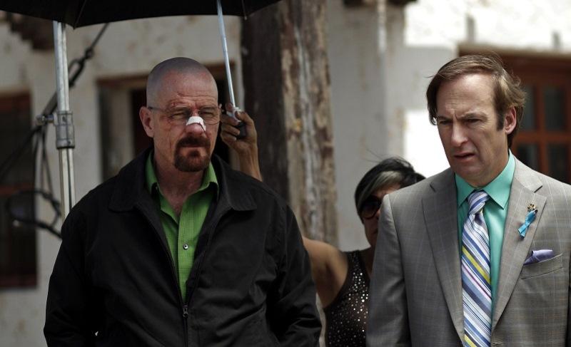 Actors Bryan Cranston, playing Walter and Bob Odenkirk, as his lawyer Saul Goodman, prepare for a scene on location in Albuquerque, NM, for filming on AMC's 'Breaking Bad,' May 26, 2011. 