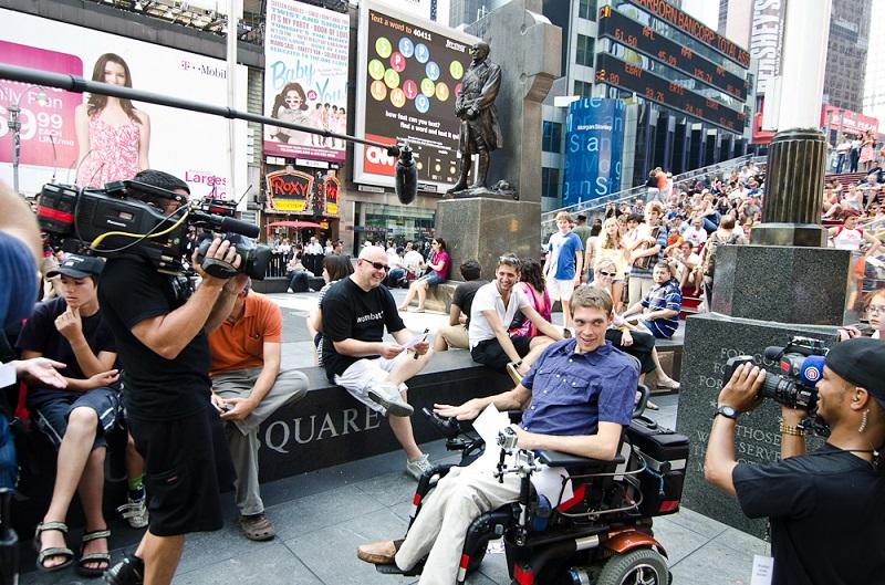 Zach Anner filming in Time Square.