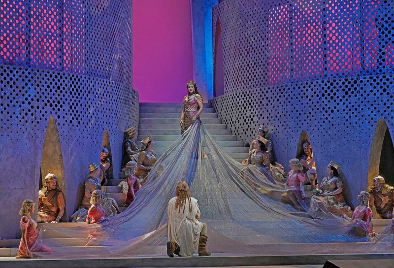 A scene from Act I of Saint-Saëns's "Samson et Dalila" with Elīna Garanča as Dalila and Roberto Alagna (back to camera) as Samson. 