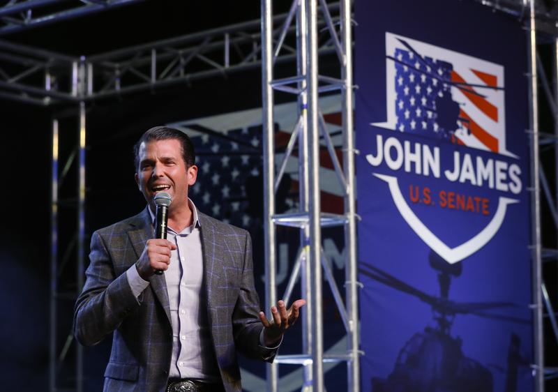 Donald Trump Jr. speaks during a rally for Republican U.S. Senate candidate John James in Pontiac, Mich., Wednesday, Oct. 17, 2018.
