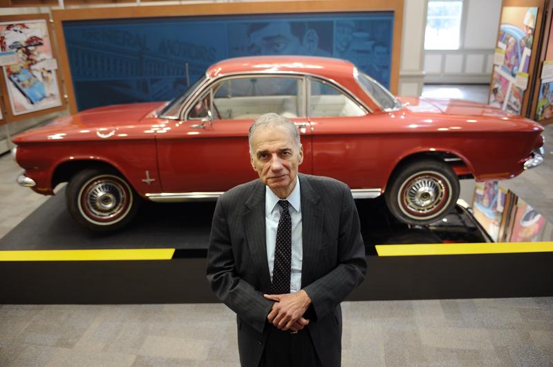 Consumer advocate Ralph Nader poses in front of a Chevrolet Corvair in The American Museum of Tort Law, Friday, Sept. 25, 2015, in Winsted, Conn.