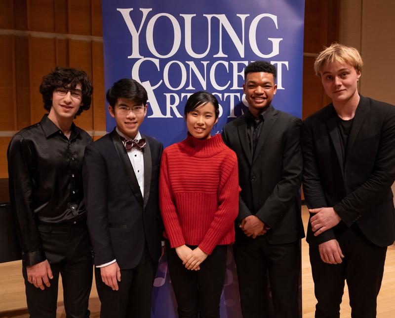 The 2018 Young Concert Artists Winners (left to right): Maxim Lando; Aristo Sham; Risa Hokamura; Randall Goosby; Jonathan Swensen