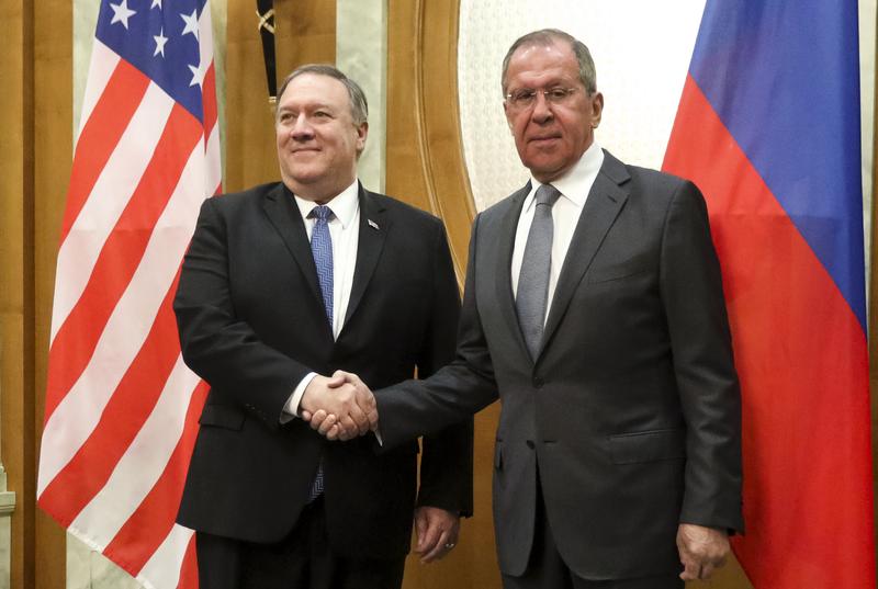 U.S. Secretary of State Mike Pompeo, left, and Russian Foreign Minister Sergey Lavrov pose for a photo prior to their talks in Sochi, southern Russia, Tuesday, May 14, 2019.