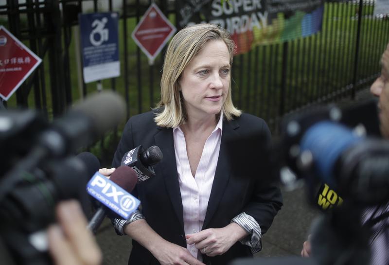 Queens Borough President and candidate for district attorney Melinda Katz talks to reporters after voting in the Queens borough of New York, Tuesday, June 25, 2019.