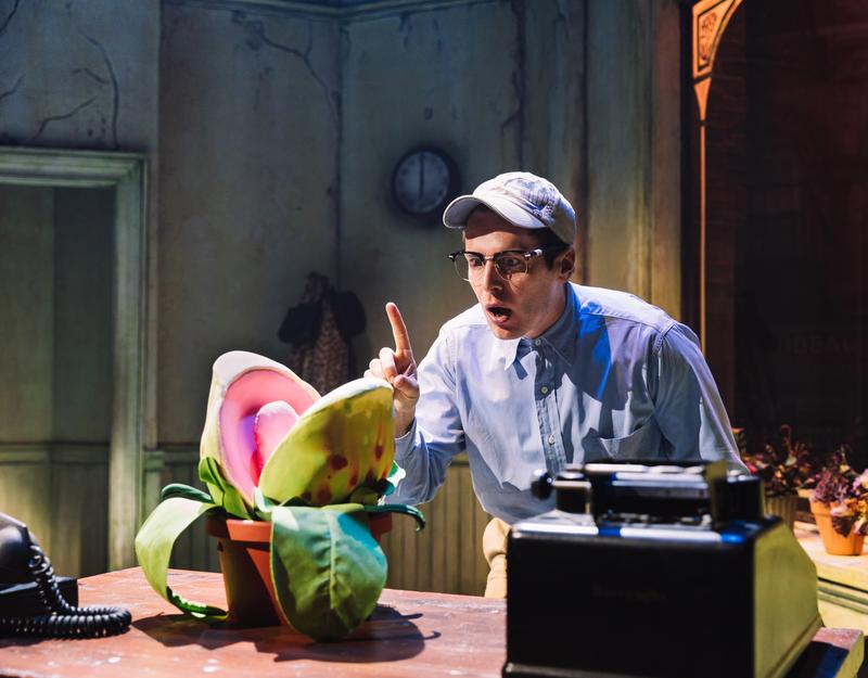 Jonathan Groff and Audrey II in "Little Shop of Horrors"