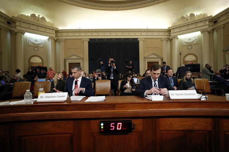 Democratic staff attorney Daniel Goldman and Republican staff attorney Steve Castor, left, testify as the House Judiciary Committee hears investigative findings in the impeachment inquiry.