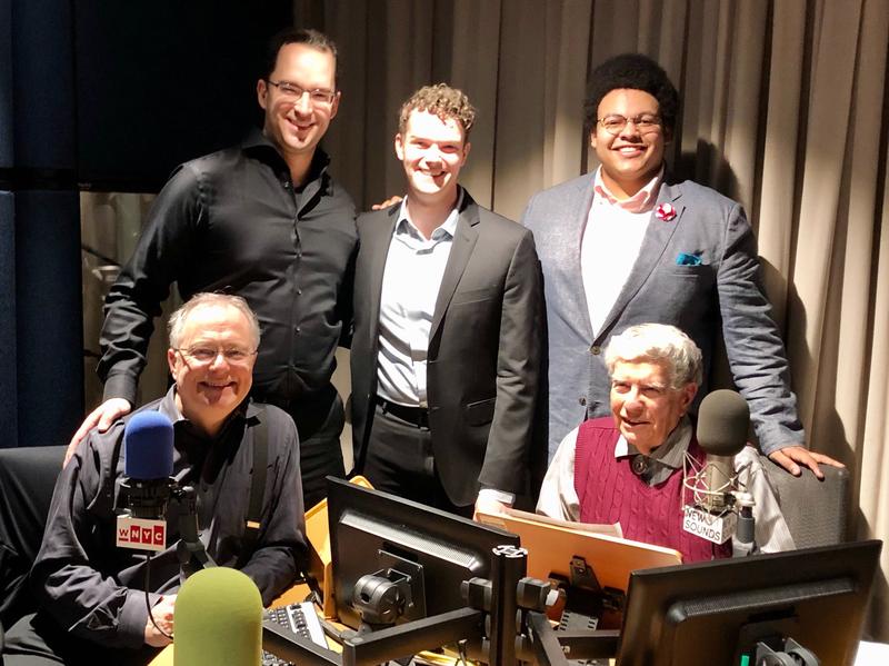 (left to right) Conductor Kent Tritle, Pianist Michael Sheetz, Tenor Brian Giebler, Tenor Joshua Blue, and Host Bob Sherman