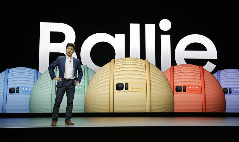 Sebastian Seung, executive vice president and chief research scientist of Samsung Research, talks about Ballie, an AI rolling robot during a Samsung keynote before the CES tech show, Monday, Jan. 6.